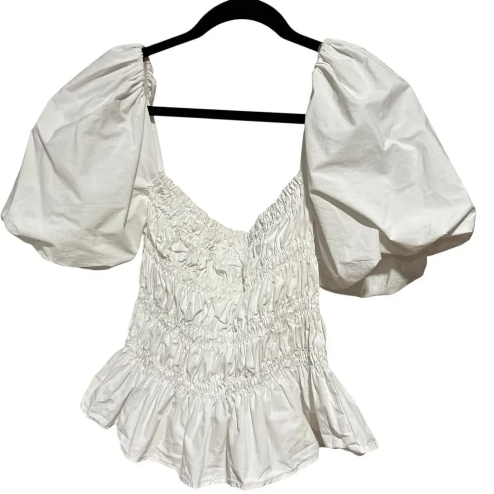 Revolve ASTR The Label Savina Cotton White Puff Sleeve Peplum Top